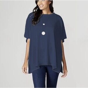 J Jill Linen Side-tie Sweater Poncho Navy Blue Knit One Size
